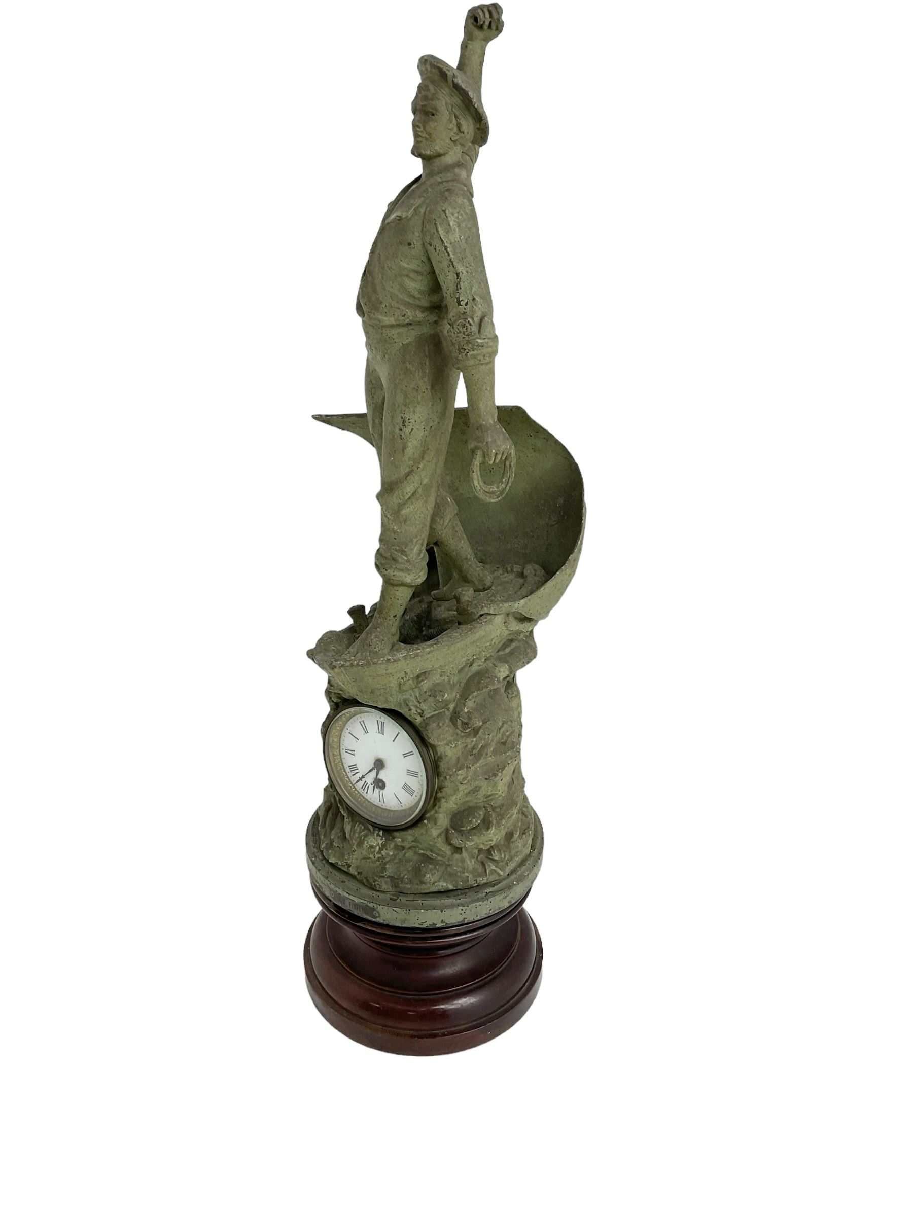 Edwardian - Large figural clock with a Verdigris finish mounted on a mahogany plinth - Image 2 of 4