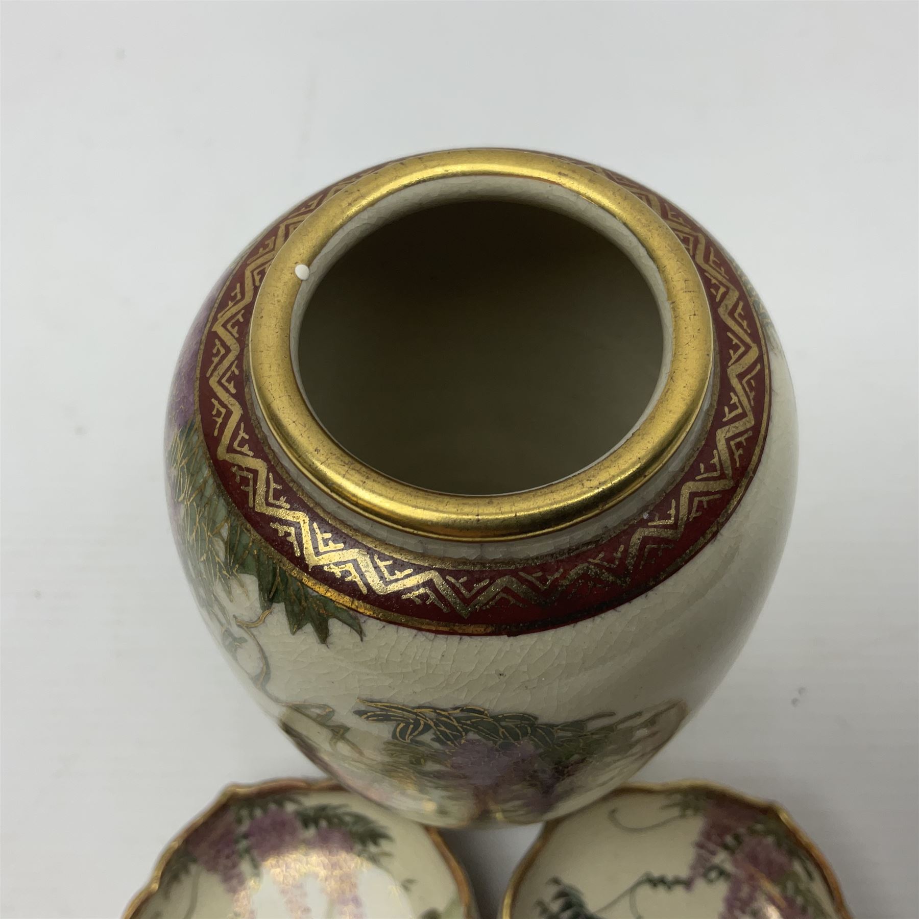 Japanese Satsuma Meiji period vase painted with a mountainous river landscape scene with wisteria an - Image 2 of 9