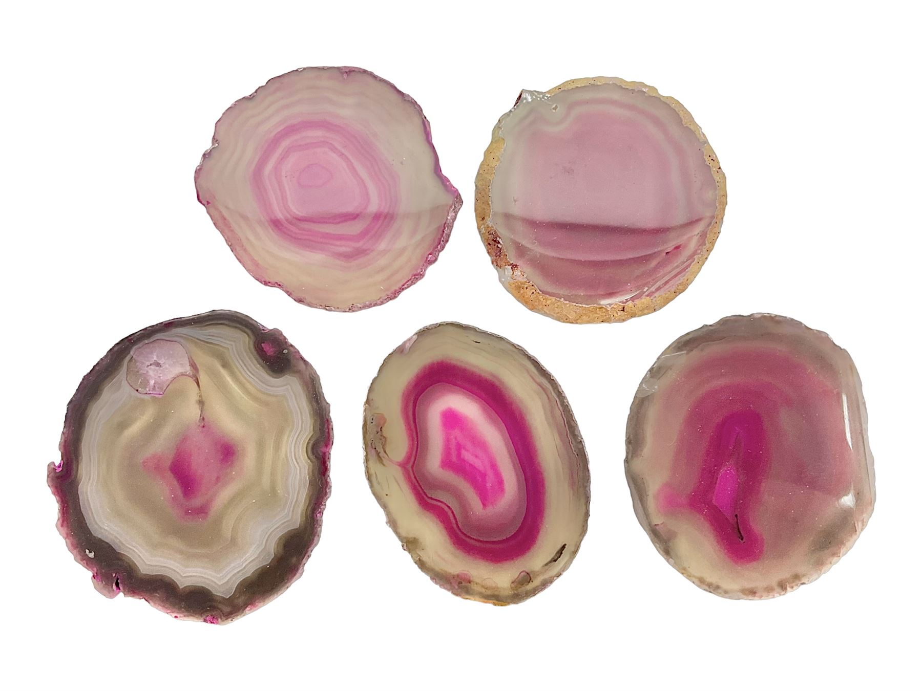 Five pink agate slices