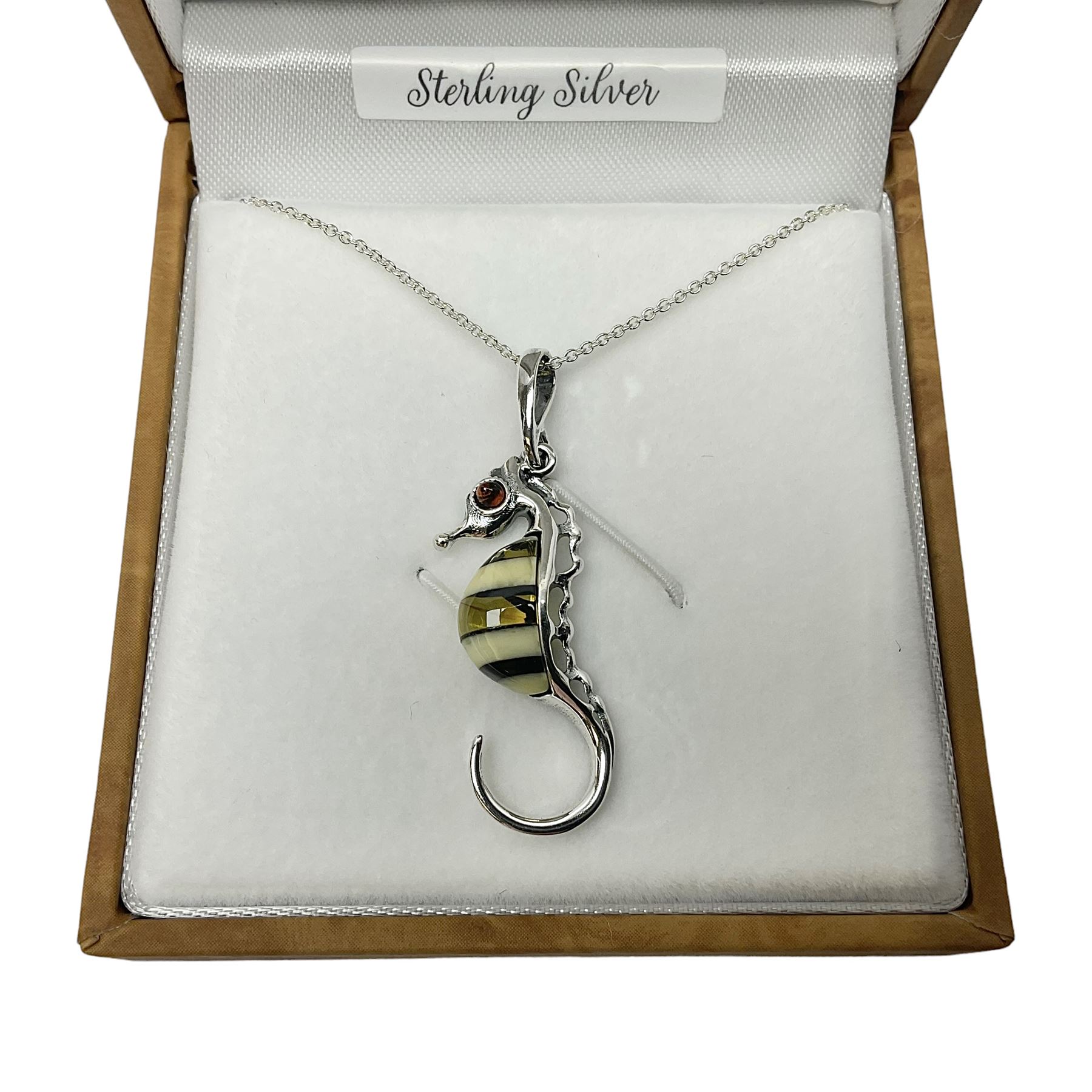 Silver Baltic amber seahorse pendant necklace