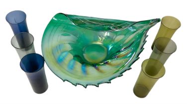 Large green studio glass conch shell bowl