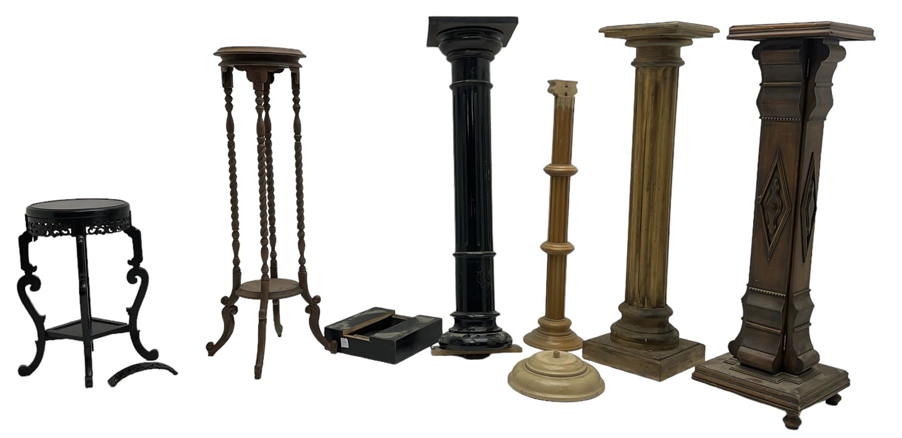 Ebonised pedestal stand with scroll carved decoration and fluted body (H114cm); pedestal stand with