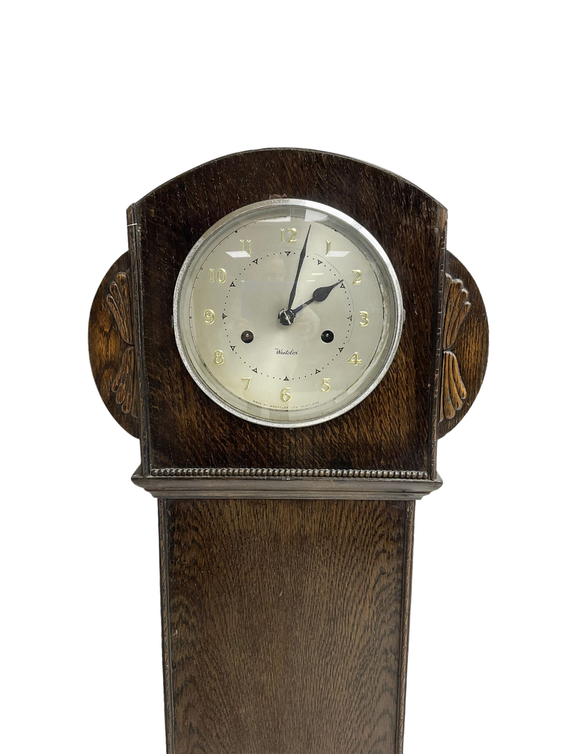 Westclox 1950’s 8-day grandmother clock in an oak case. No pendulum. - Image 3 of 5