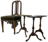 Pair of early 20th century mahogany side chairs; three mahogany occasional tripod tables; and a nest