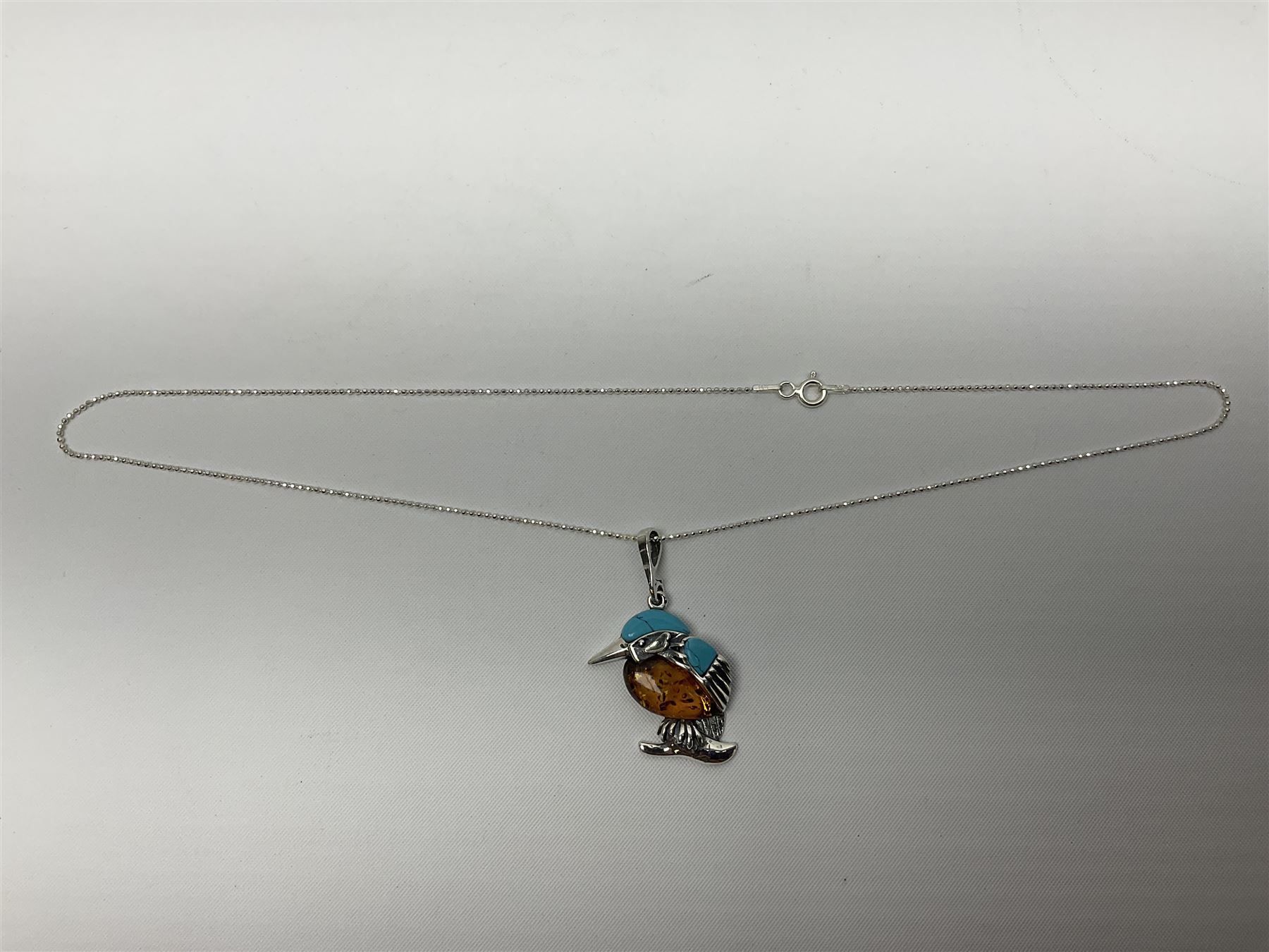 Silver turquoise and Baltic amber kingfisher pendant necklace - Image 2 of 3