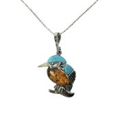 Silver turquoise and Baltic amber kingfisher pendant necklace