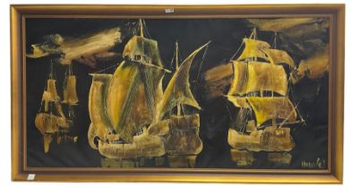 Very large oil on canvas painting depicting ships on calm water
