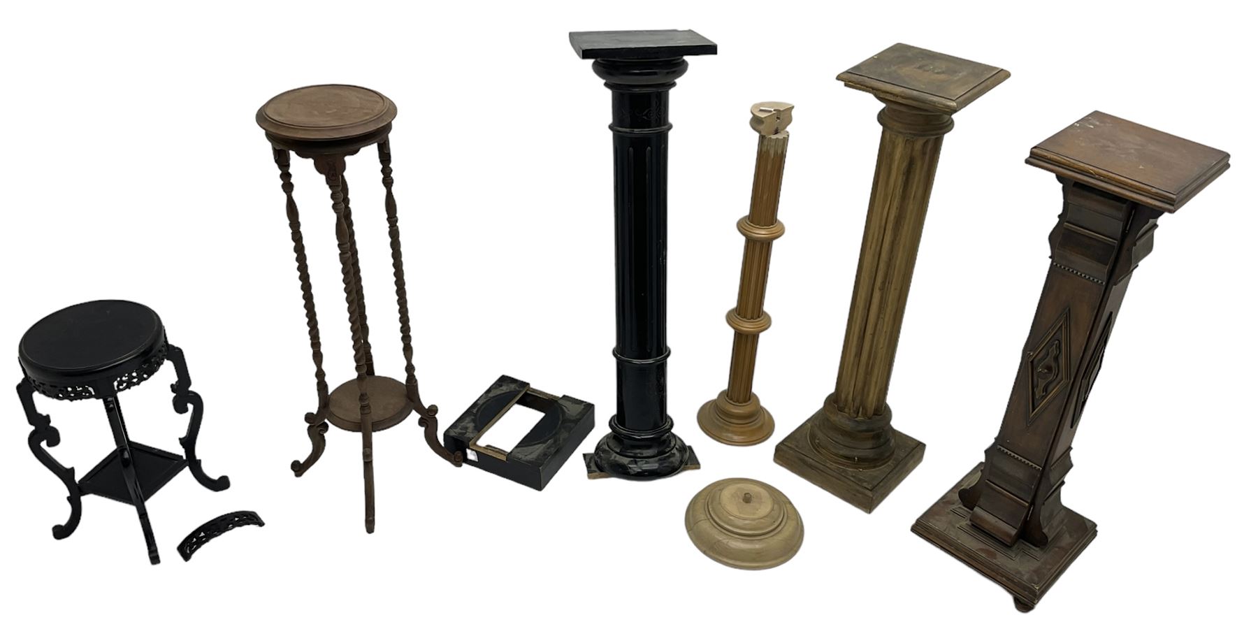 Ebonised pedestal stand with scroll carved decoration and fluted body (H114cm); pedestal stand with - Image 3 of 4