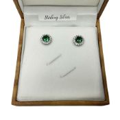 Pair of green stone and cubic zirconia cluster stud earrings