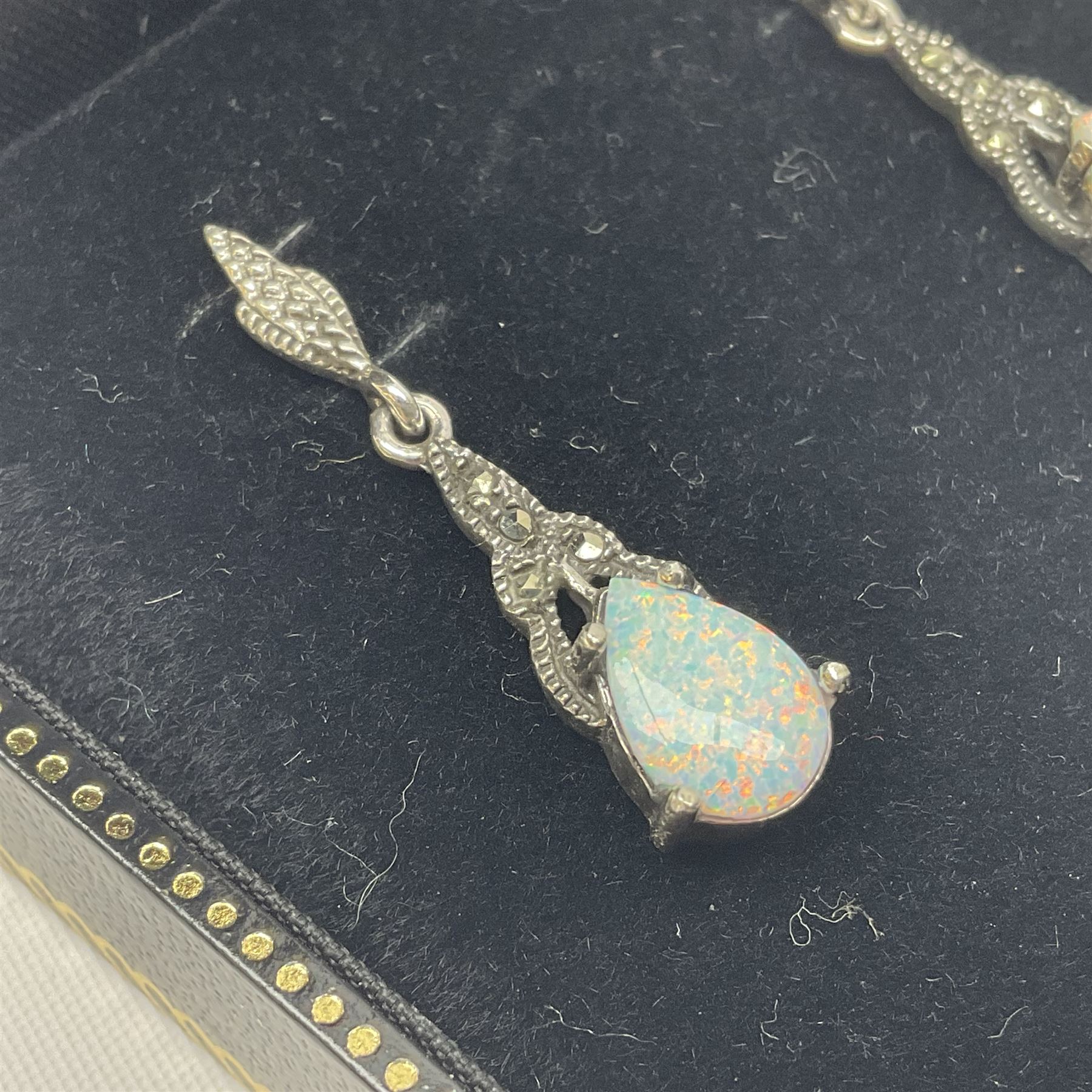 Pair of silver opal and marcasite pendant earrings - Image 2 of 4