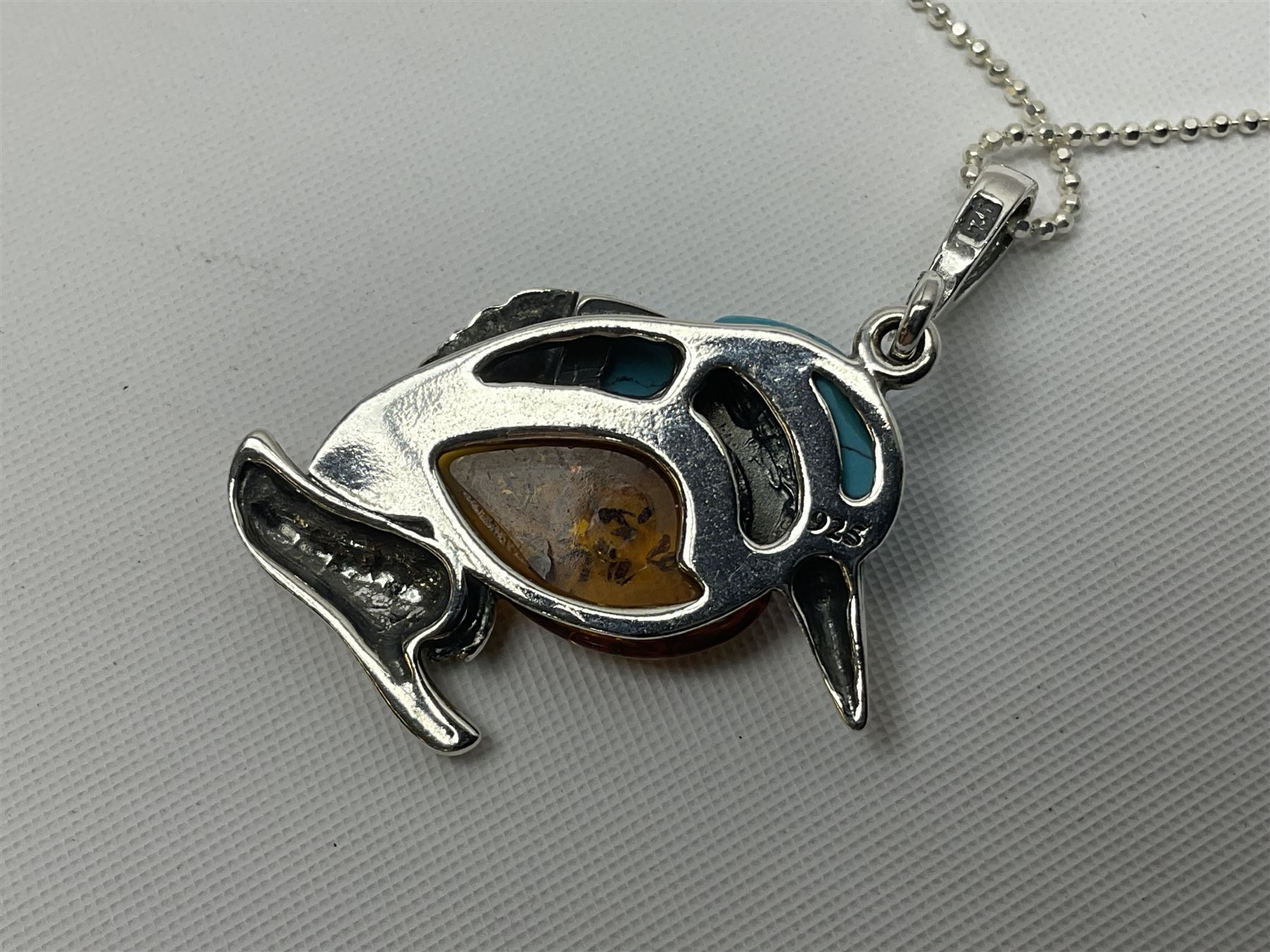 Silver turquoise and Baltic amber kingfisher pendant necklace - Image 3 of 3