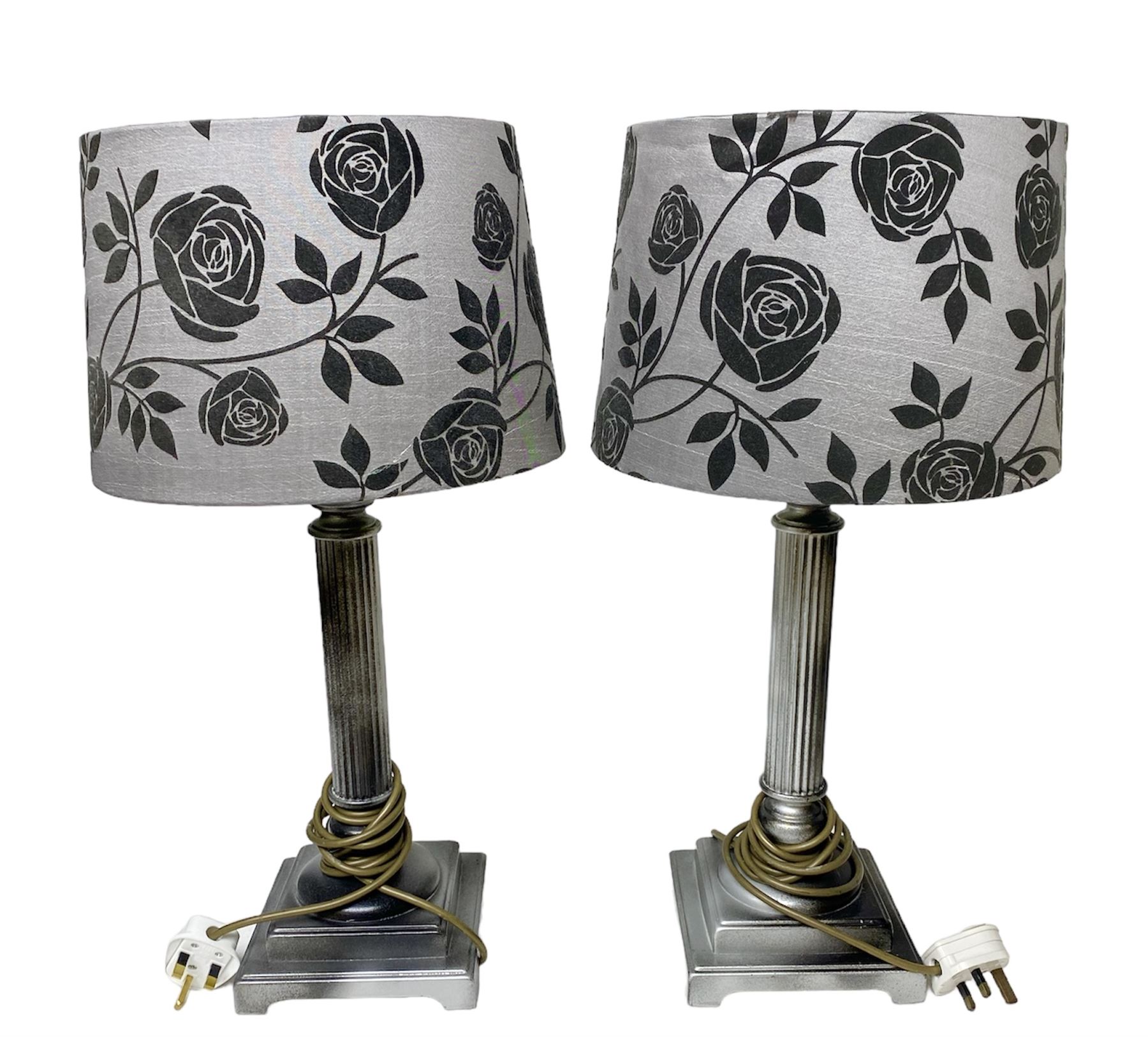 Pair grey metal reeded column table lamps with patterned shades 56cm overall