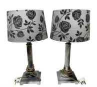 Pair grey metal reeded column table lamps with patterned shades 56cm overall