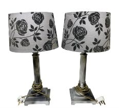 Pair grey metal reeded column table lamps with patterned shades 56cm overall
