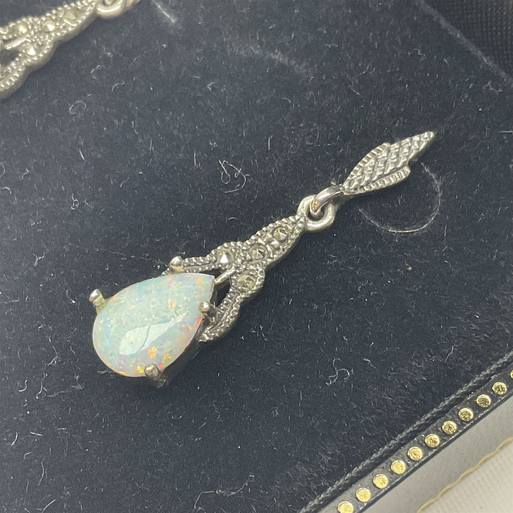 Pair of silver opal and marcasite pendant earrings - Image 3 of 4