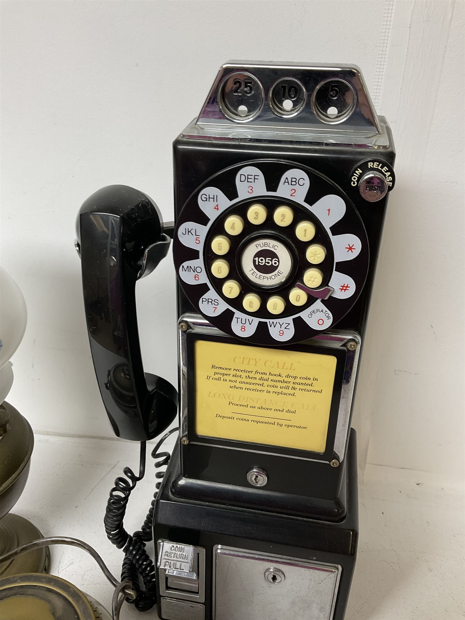 Wall mounting pay phone; oil lamp with shade; and biscuit barrel - Image 2 of 3