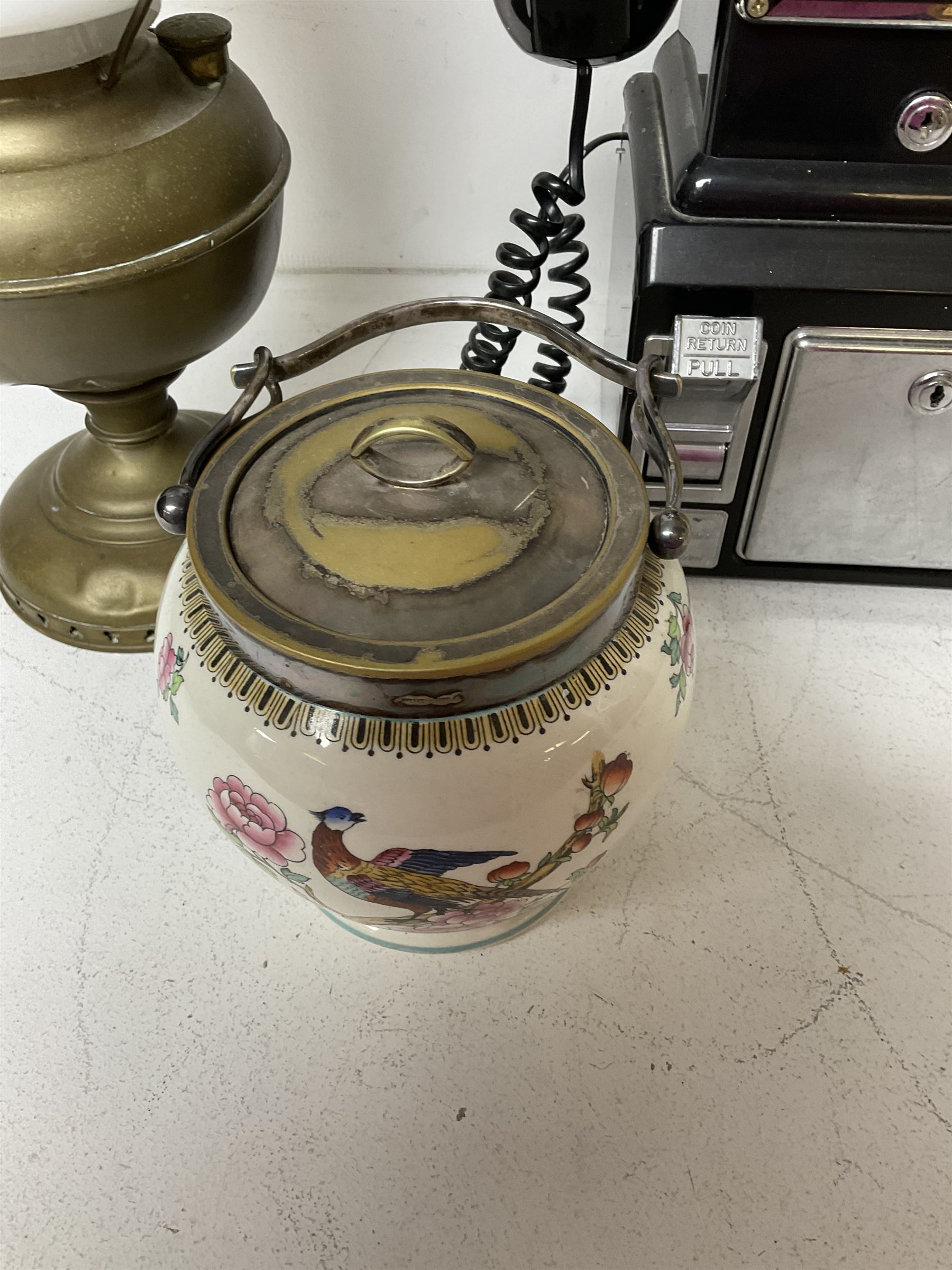 Wall mounting pay phone; oil lamp with shade; and biscuit barrel - Image 3 of 3