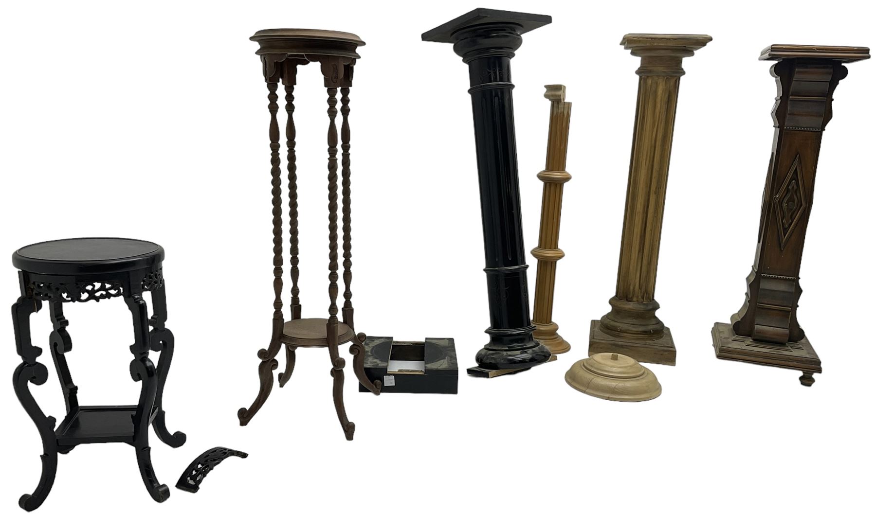 Ebonised pedestal stand with scroll carved decoration and fluted body (H114cm); pedestal stand with - Image 4 of 4