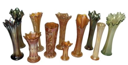 Collection of carnival glass trumpet vases and similar