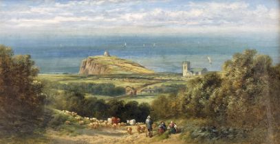 English School (19th century): Figures in Coastal Landscape with Church on the Clifftop. oil on boar