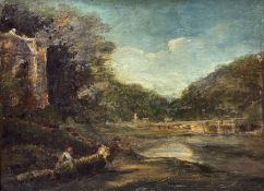 English School (19th century): Wooded Lake scene with Figures in the Foreground