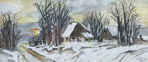 M Fox (British Early 20th Century): Winter Cottages at Dusk