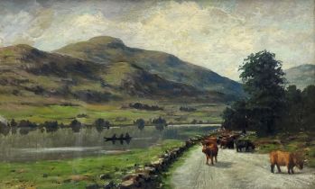 J Gibb (19th century): Scottish Highland Cattle by the Lochside