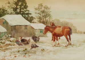 John Guttridge Sykes (British 1866-1941): Horses and Turkeys in a Snowy Farmyard