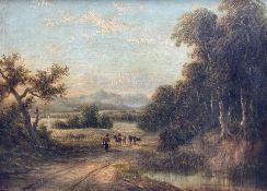 English School (19th century): Figure with Cattle on a Lakeland Track at Sunset