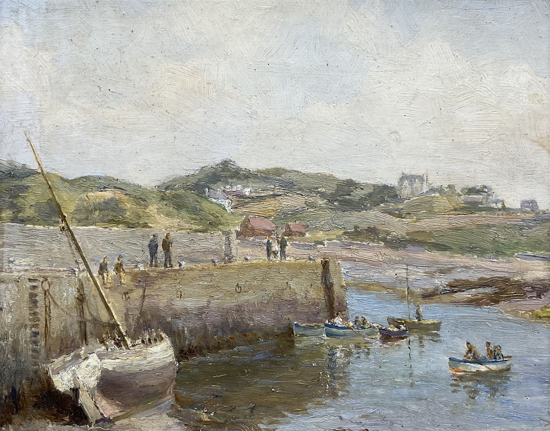 English School (Early 20th century): Fishing Boats by the Quayside