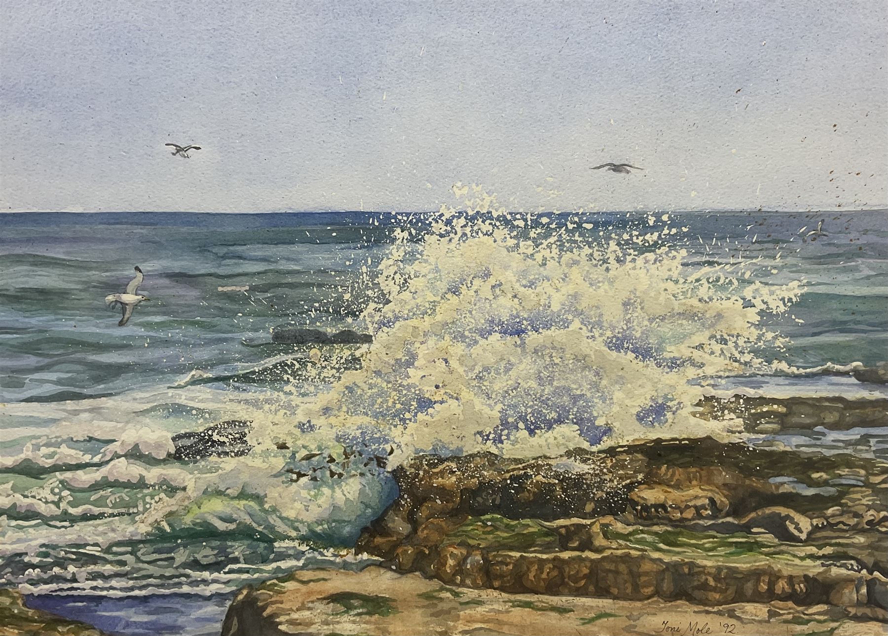 Toni Mole (British 20th Century): Waves Against the Rocks