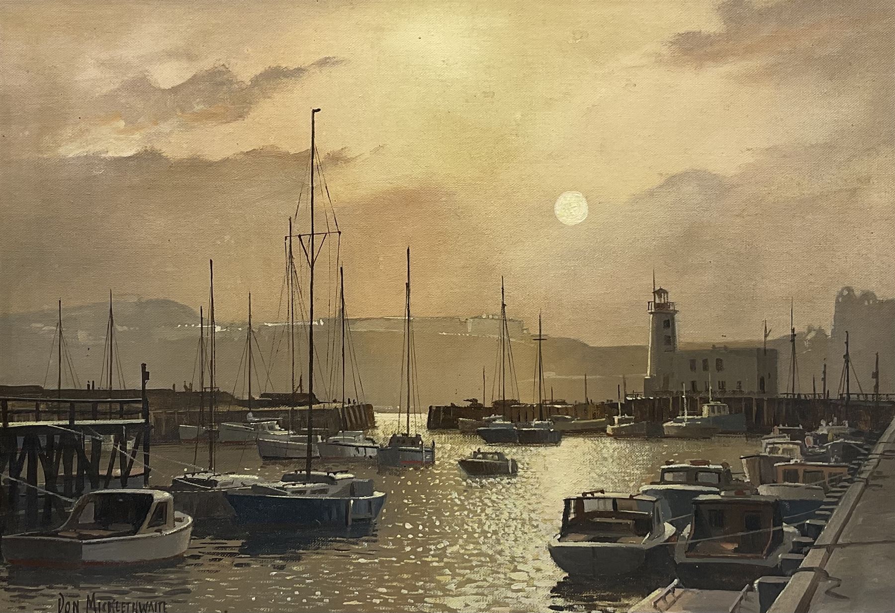 Don Micklethwaite (British 1936-): Scarborough Harbour at Sunset