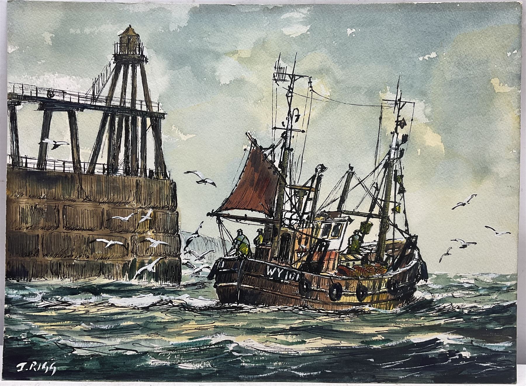 Jack Rigg (British 1927-2023): Whitby Fishing Boat by Lighthouse and a Ship Moored in Whitby Harbour - Image 2 of 7