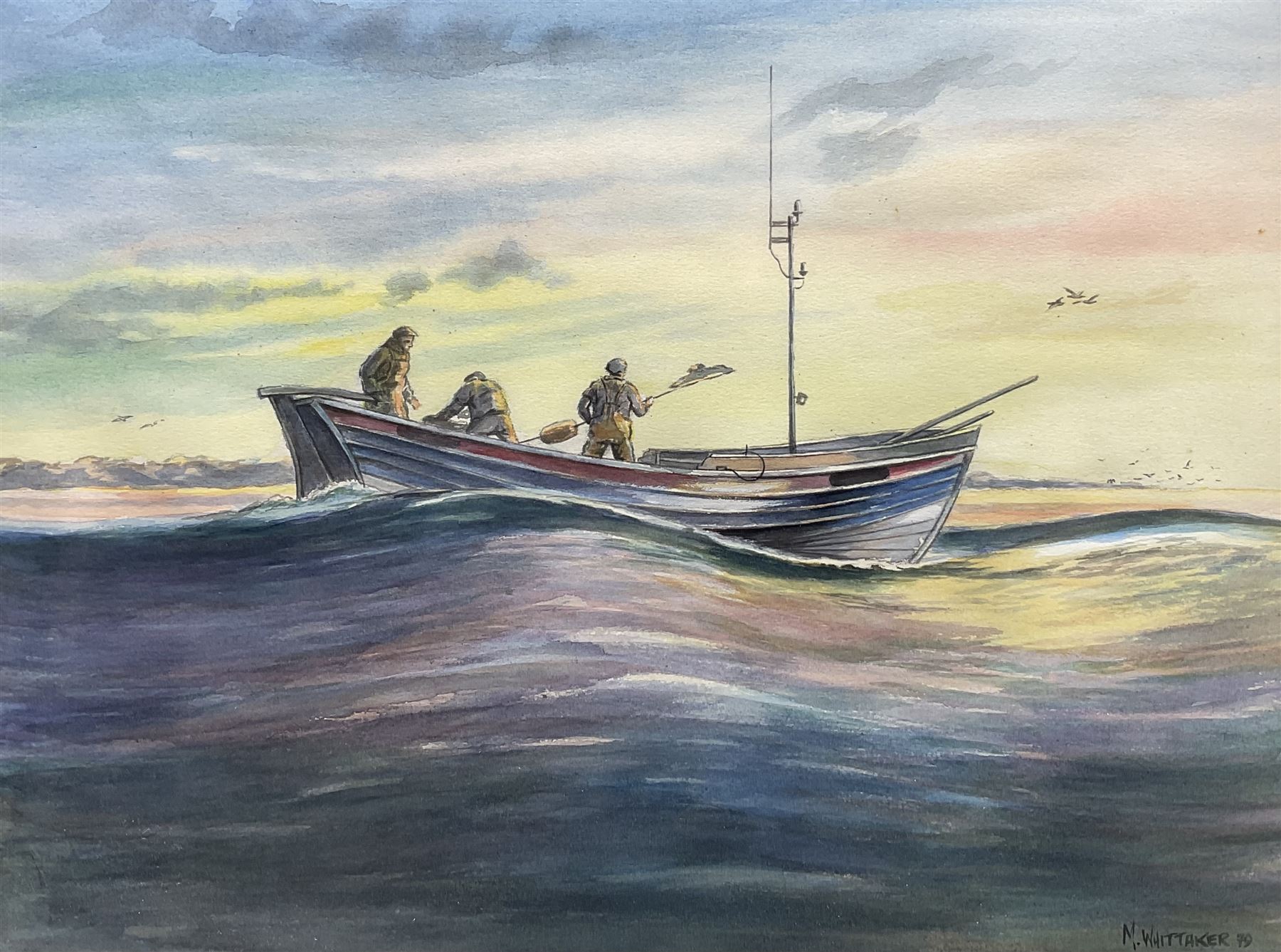 M Whittaker (British 20th Century): 'Dawn in the North Sea - A Filey Coble heads for the Fishing Gro