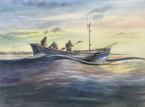 M Whittaker (British 20th Century): 'Dawn in the North Sea - A Filey Coble heads for the Fishing Gro