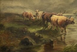 G Hipkins (British 19th/20th Century): Highland Cattle Crossing a Stream