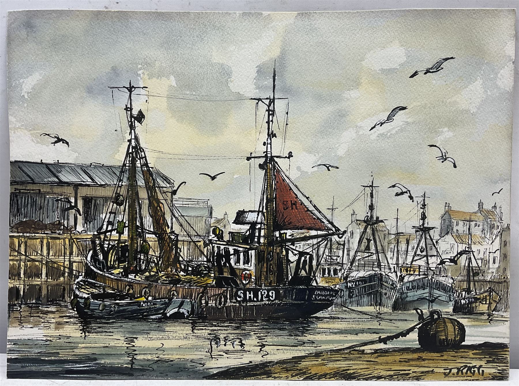 Jack Rigg (British 1927-2023): Whitby Fishing Boat by Lighthouse and a Ship Moored in Whitby Harbour - Image 3 of 7