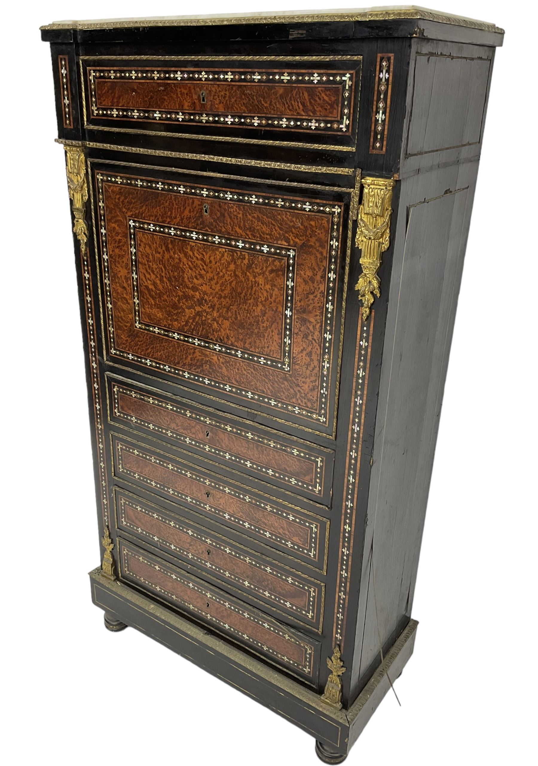 Late 19th century French ebonised and amboyna secrétaire à abattant - Image 3 of 8