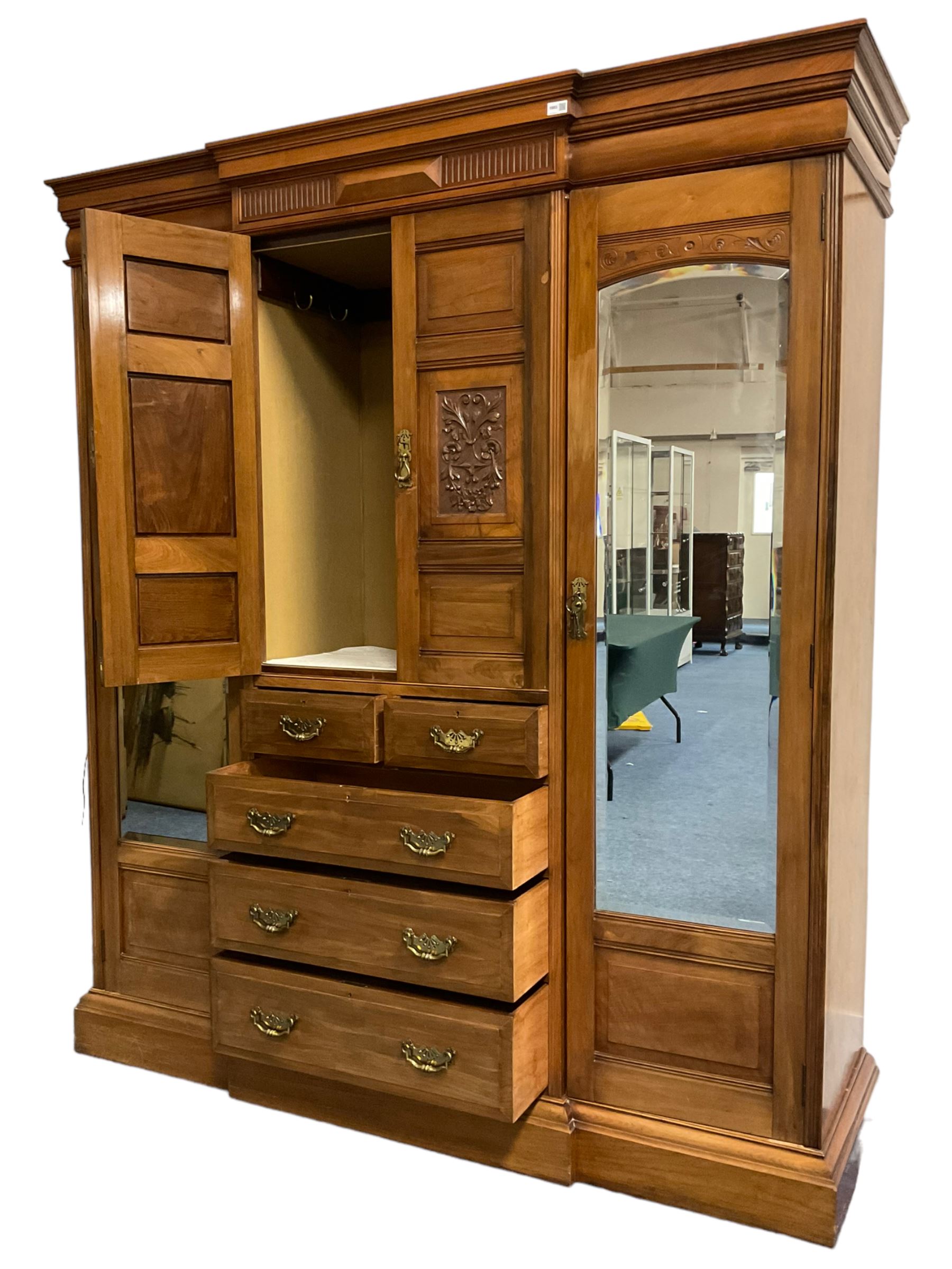 Edwardian walnut combination breakfront triple wardrobe - Image 2 of 9