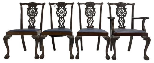 Set of four (3+1) Chippendale design mahogany dining chairs