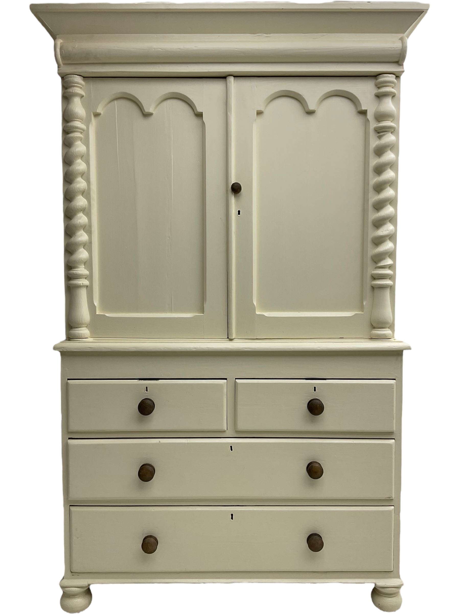 Victorian cream painted pine cupboard-on-chest or housekeeper's cupboard