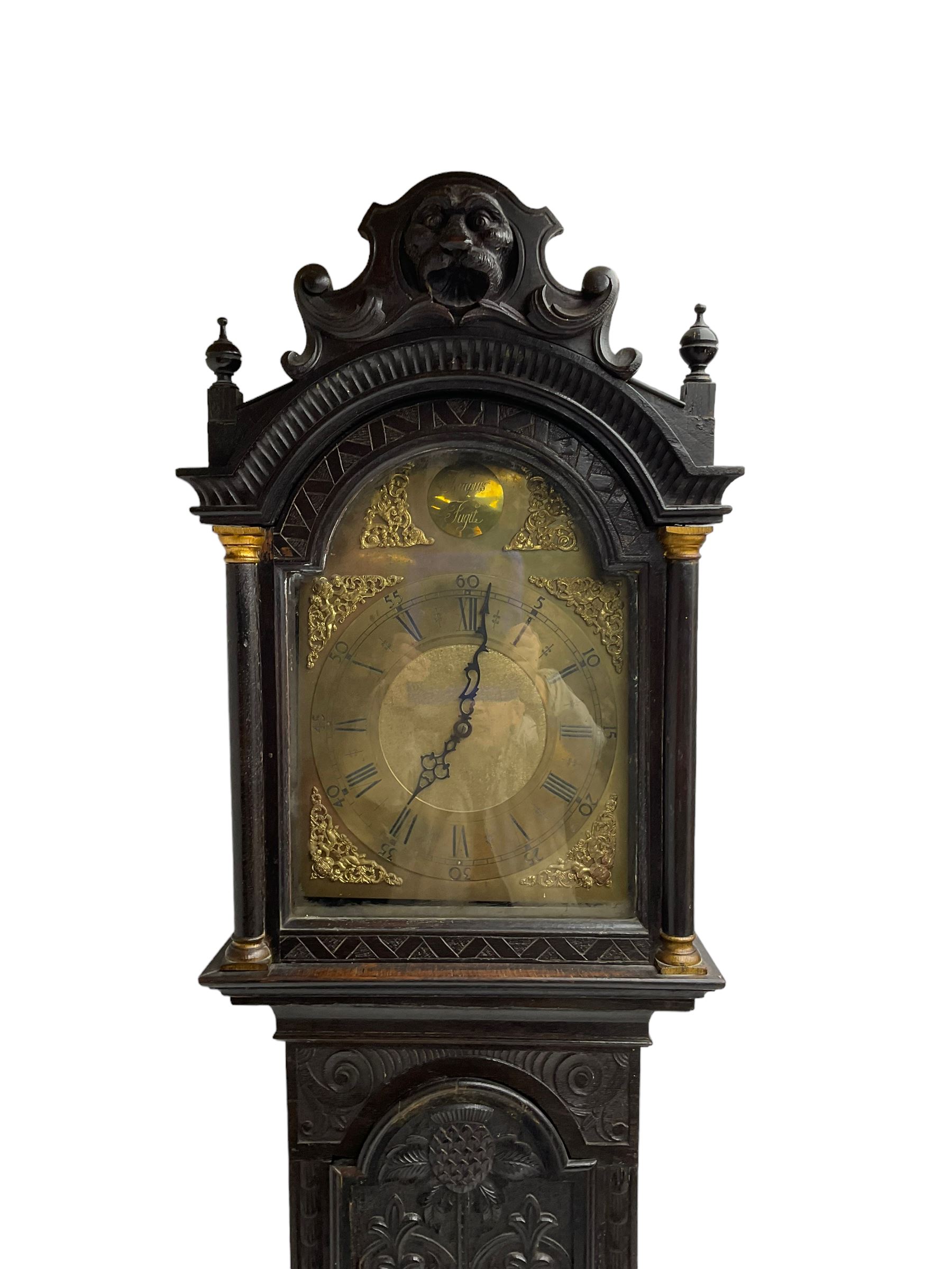 Victorian Jacobean revival oak cased 30 hour longcase clock - with a carved pediment and break arch - Image 4 of 6