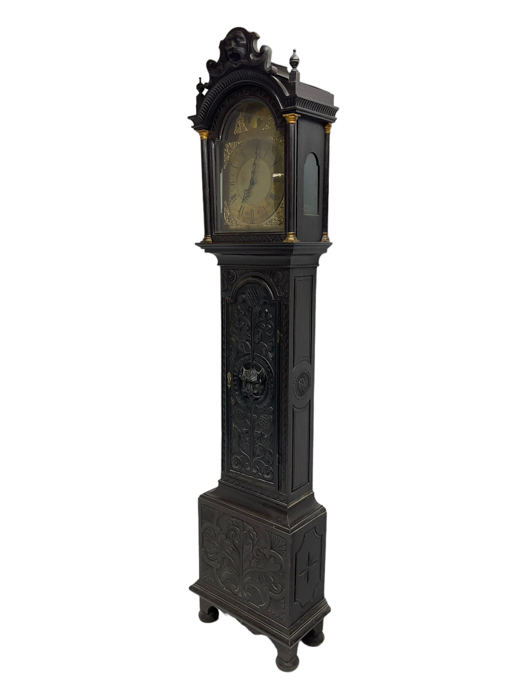 Victorian Jacobean revival oak cased 30 hour longcase clock - with a carved pediment and break arch - Image 2 of 6