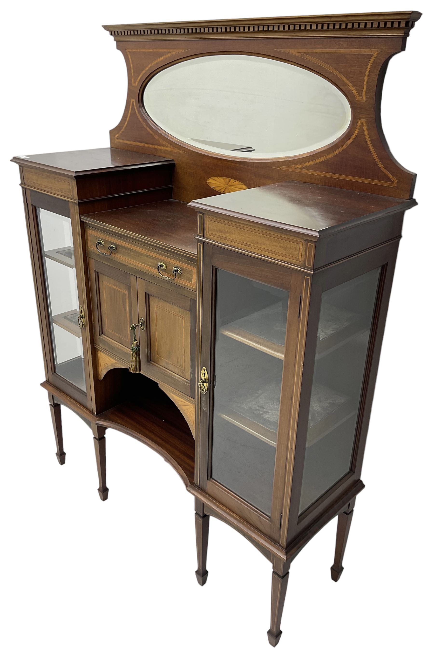 Edwardian inlaid mahogany break-front mirror back side cabinet - Image 2 of 7