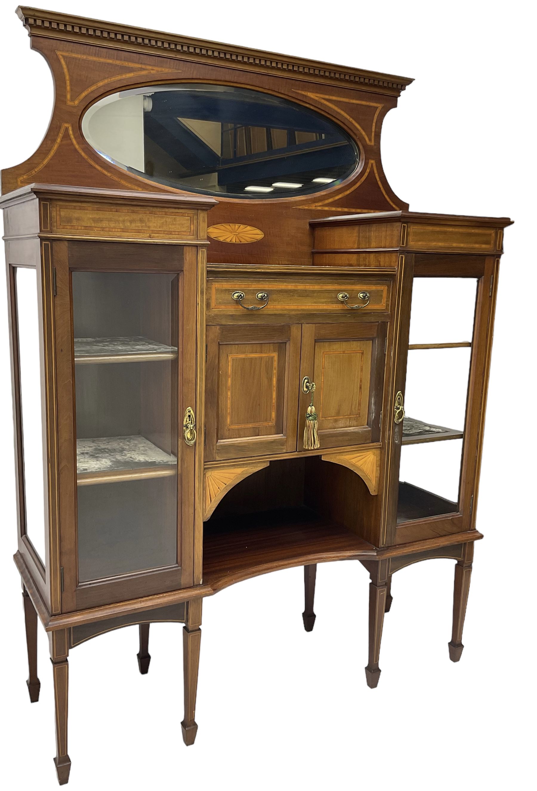 Edwardian inlaid mahogany break-front mirror back side cabinet - Image 6 of 7