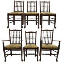 Set of six (4+2) 20th century oak spindle back dining chairs