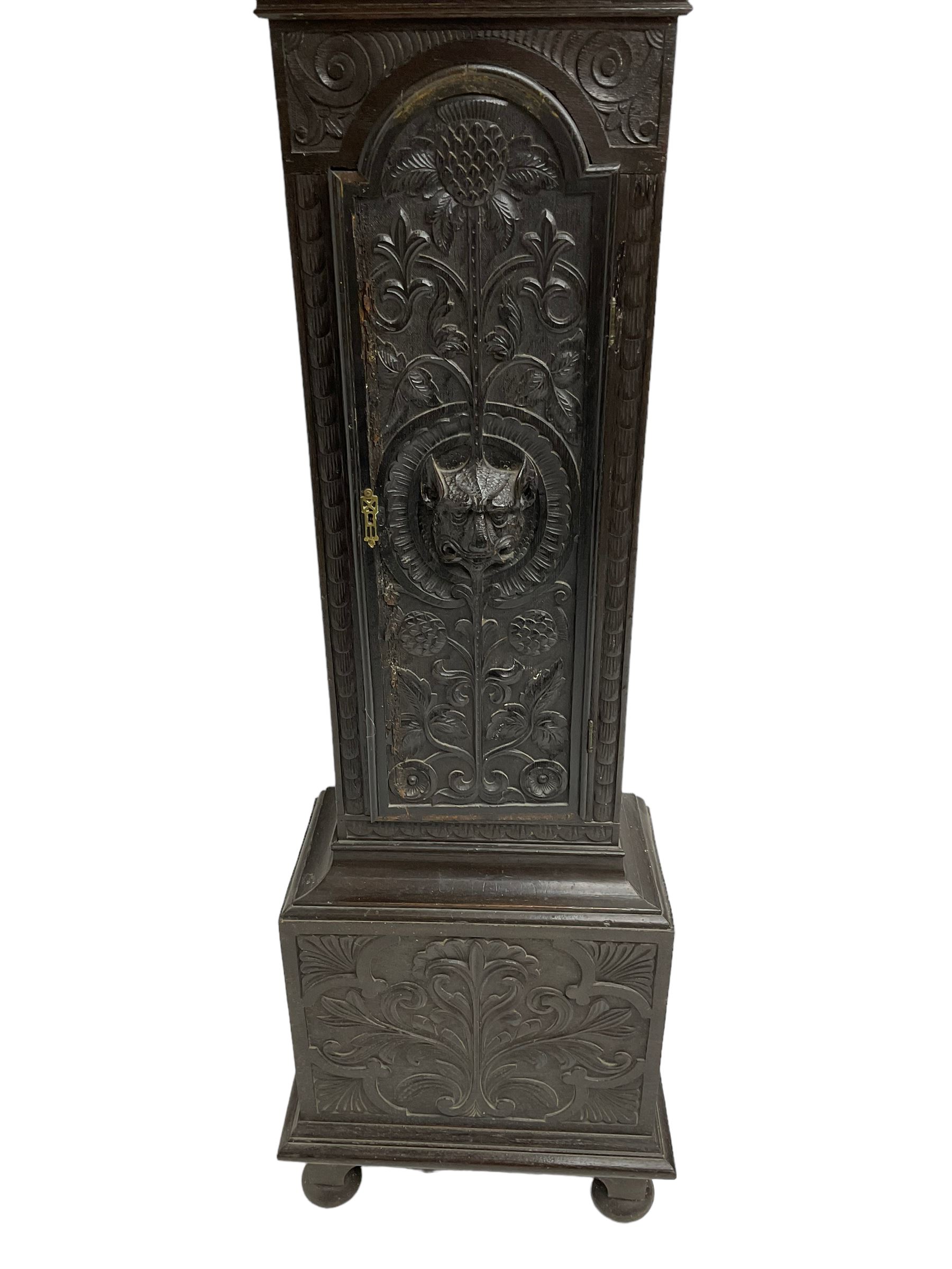 Victorian Jacobean revival oak cased 30 hour longcase clock - with a carved pediment and break arch - Image 3 of 6