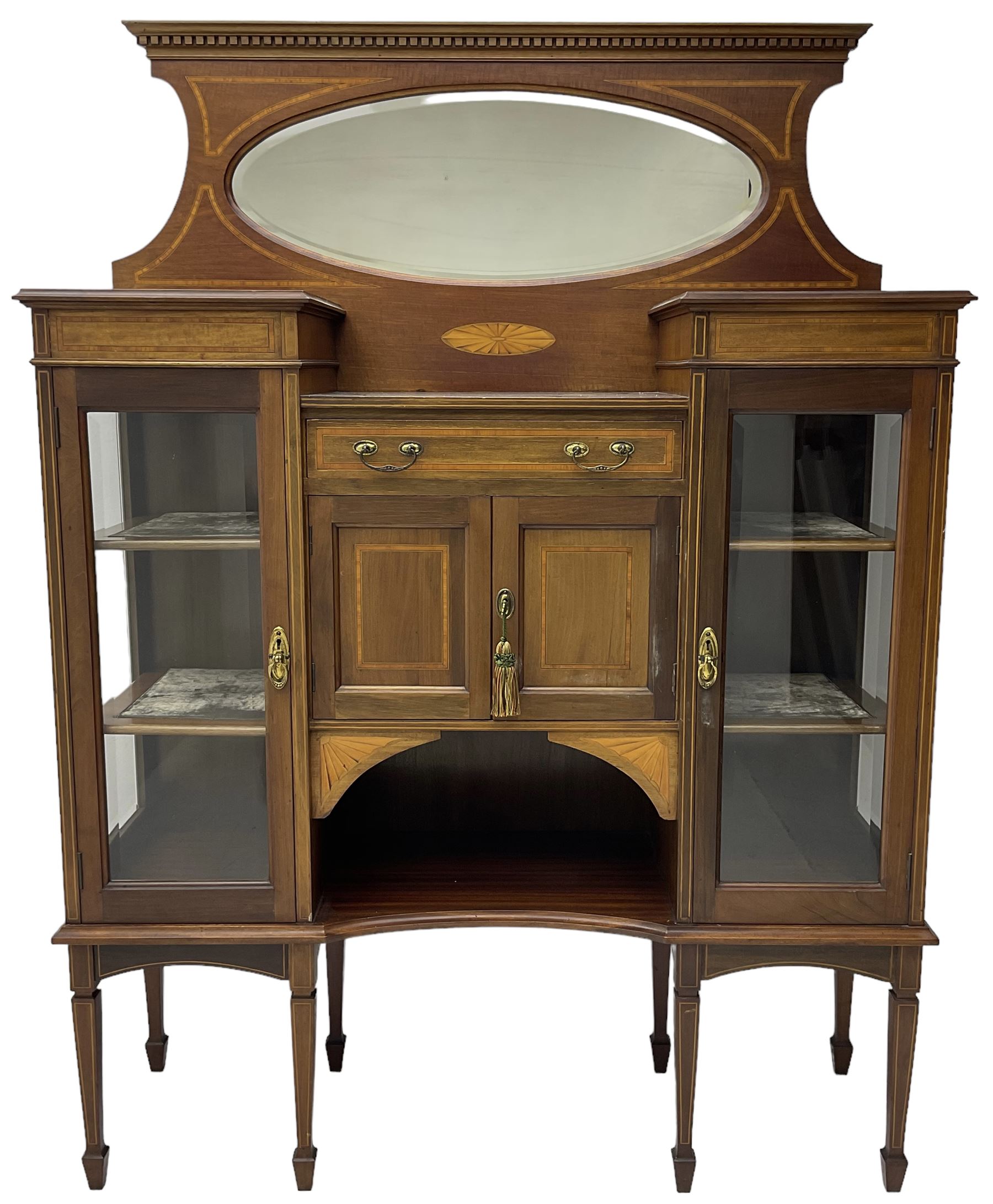 Edwardian inlaid mahogany break-front mirror back side cabinet - Image 7 of 7