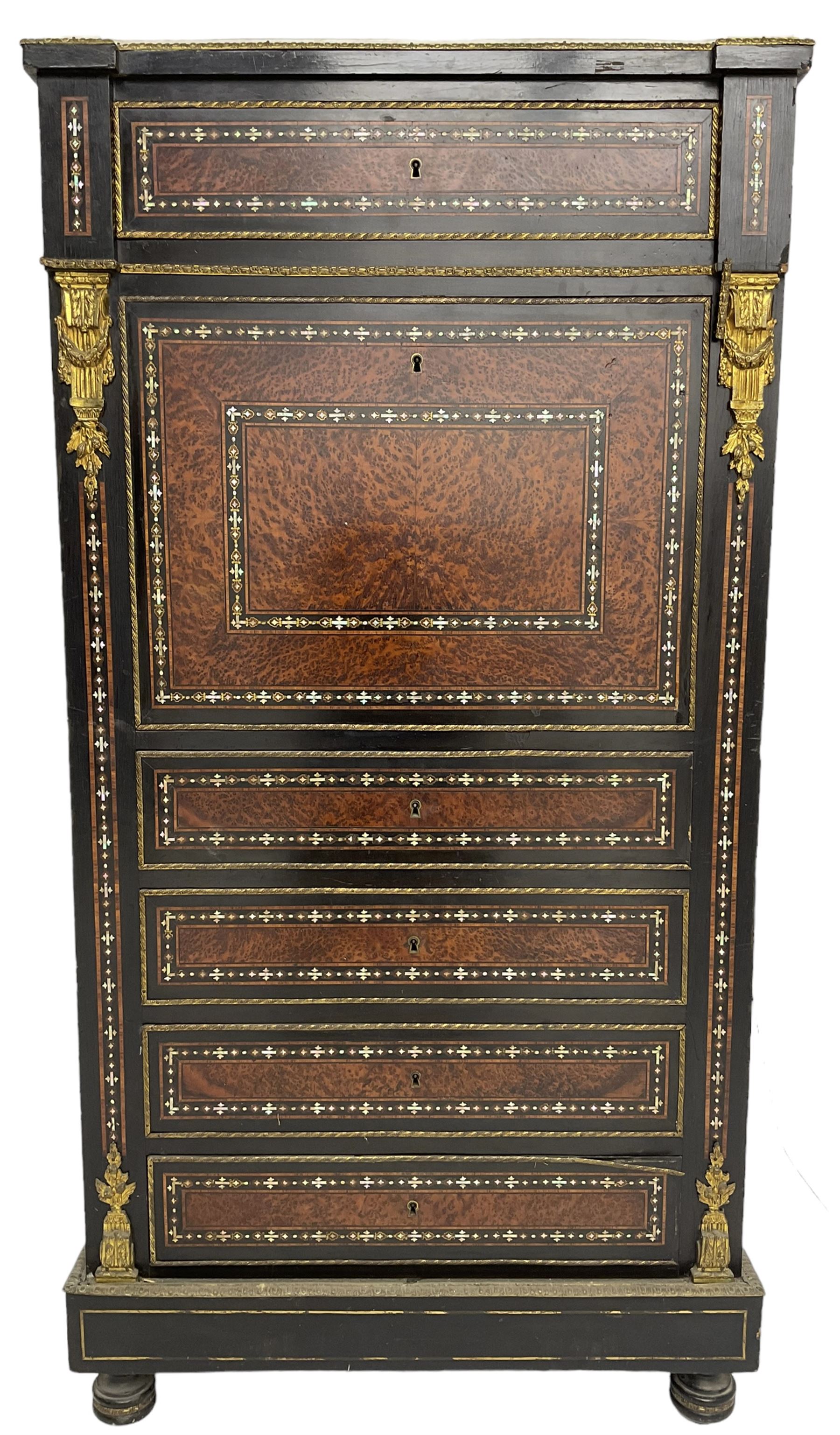 Late 19th century French ebonised and amboyna secrétaire à abattant