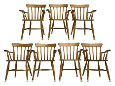 Set of seven beech farmhouse dining elbow chairs